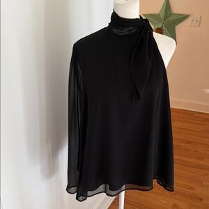 Black One-Shoulder Tie-Neck Blouse with Sheer Sleeve Party Top